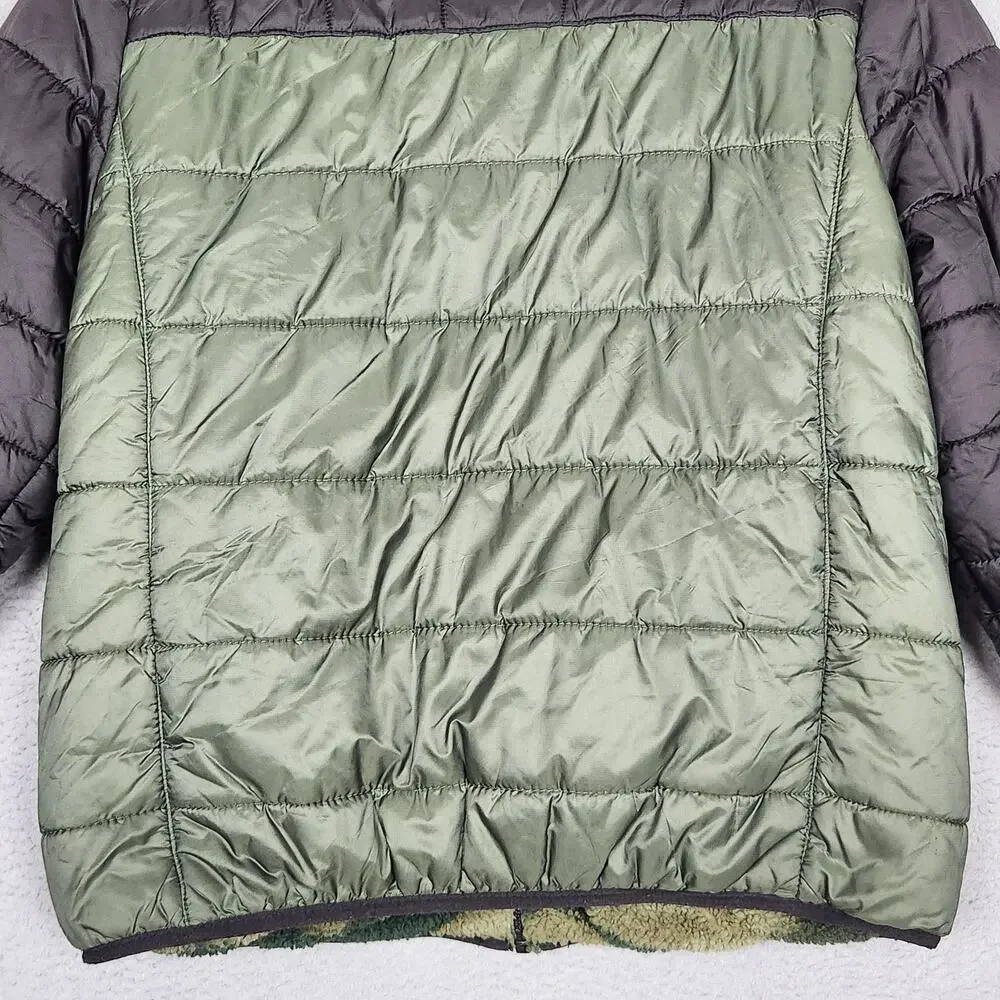 Eddie Bauer Jacket Boys Large Green Black Reversible Camo Hooded Puffer Coat